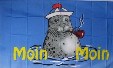 Flagge Fahne Moin Moin 2 Seehund mit Mütze und Pfeife Flagge 90x150 cm